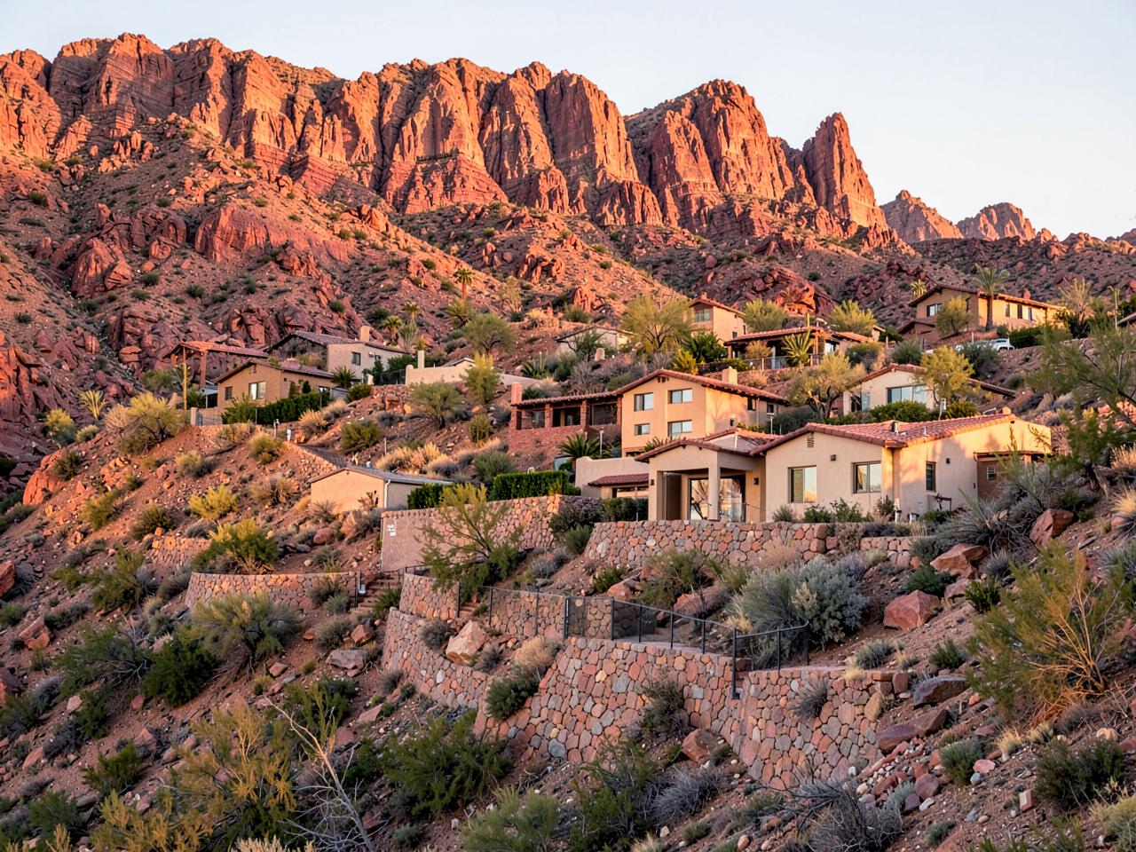 Illustrative photograph of hillside homes stepping up a red-rock desert ridge
