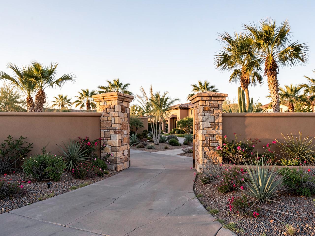 Illustrative photograph of an elegant gated community entrance in the Nevada desert