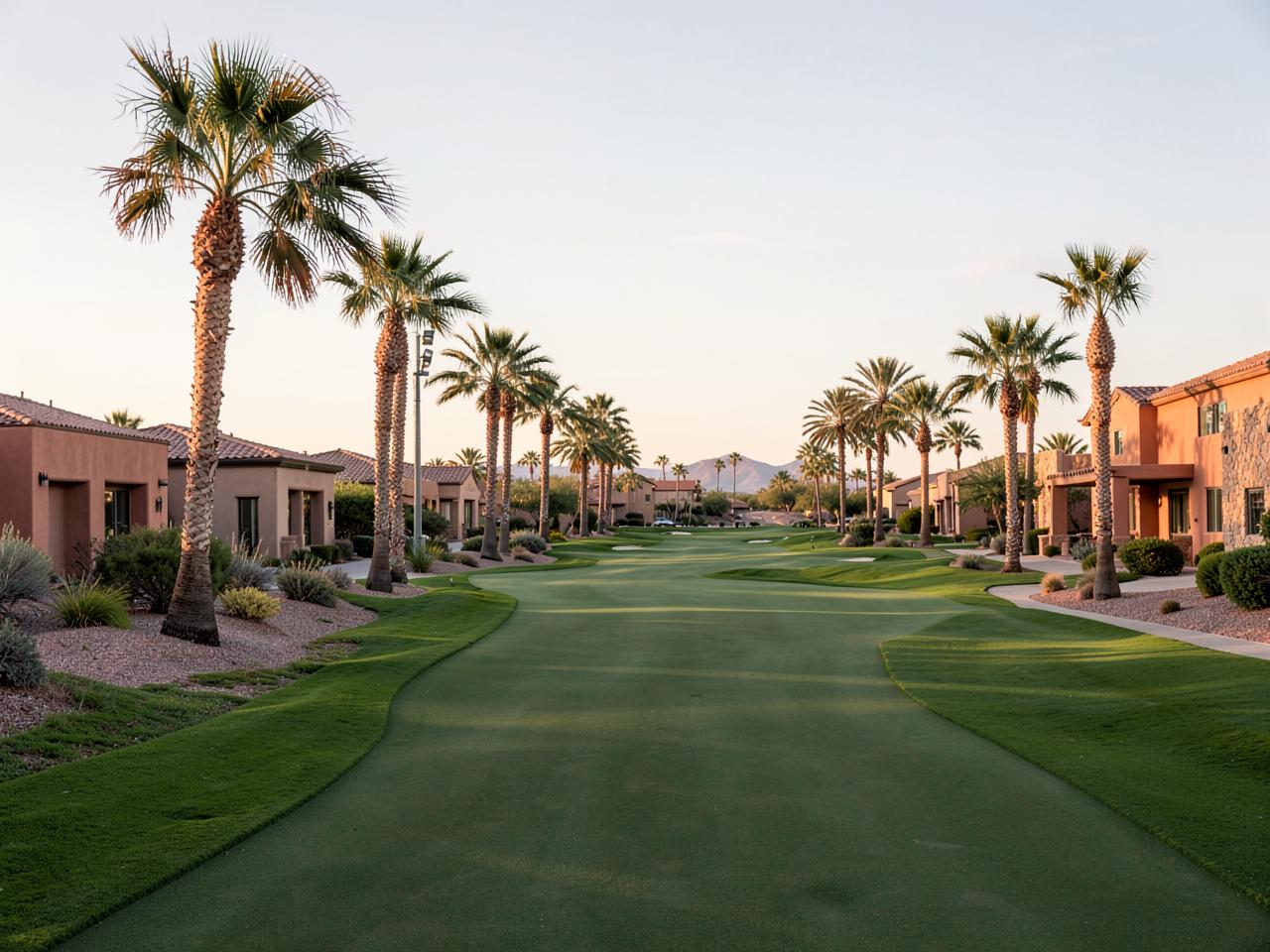 Illustrative photograph of a Southern Nevada desert golf-course community lined with palms