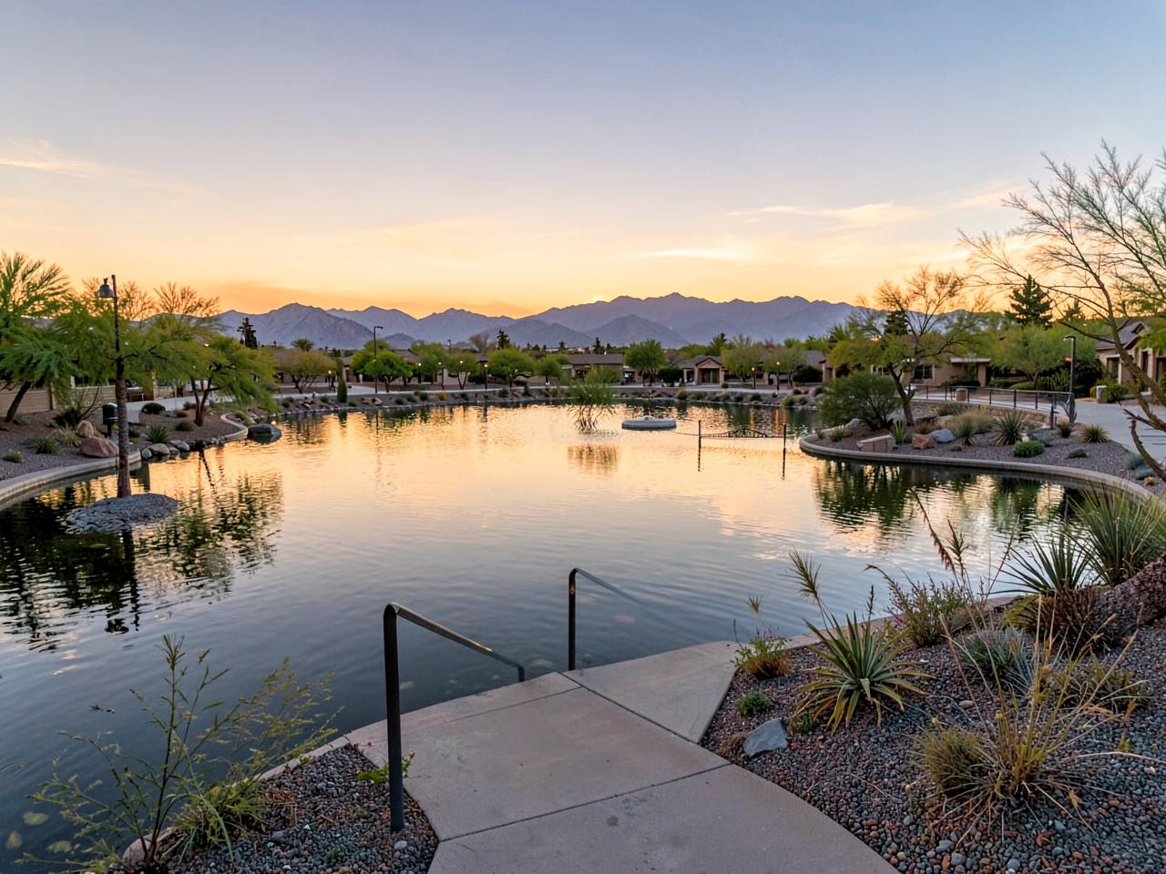 Illustrative photograph of a community lake and promenade in a Nevada master-planned development