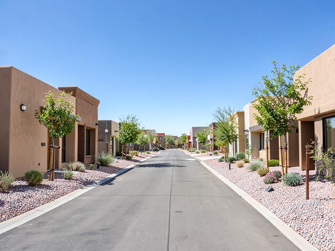 Illustrative photograph of a newly built desert community street with young trees