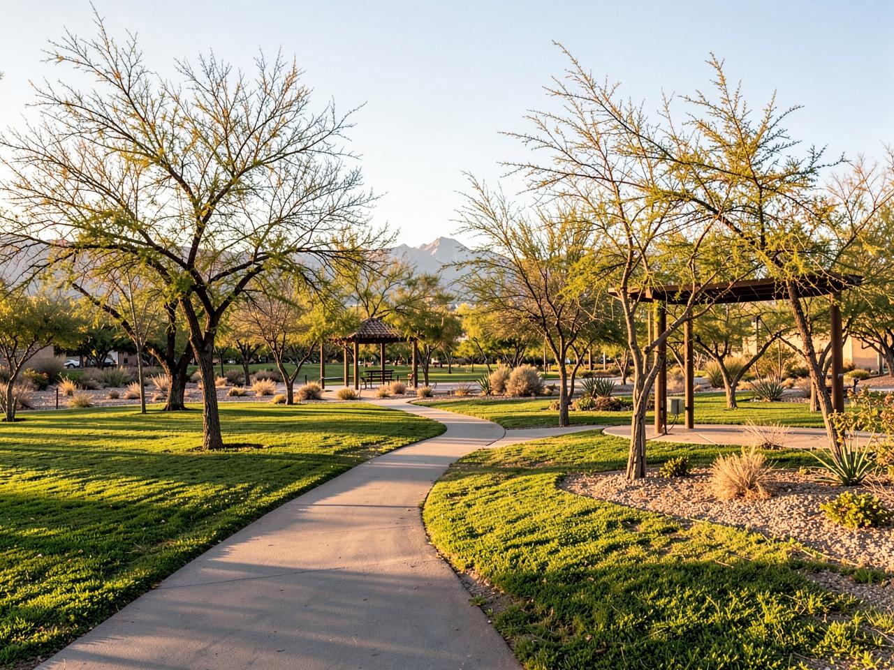 Illustrative photograph of a shaded master-planned community park in the Nevada desert